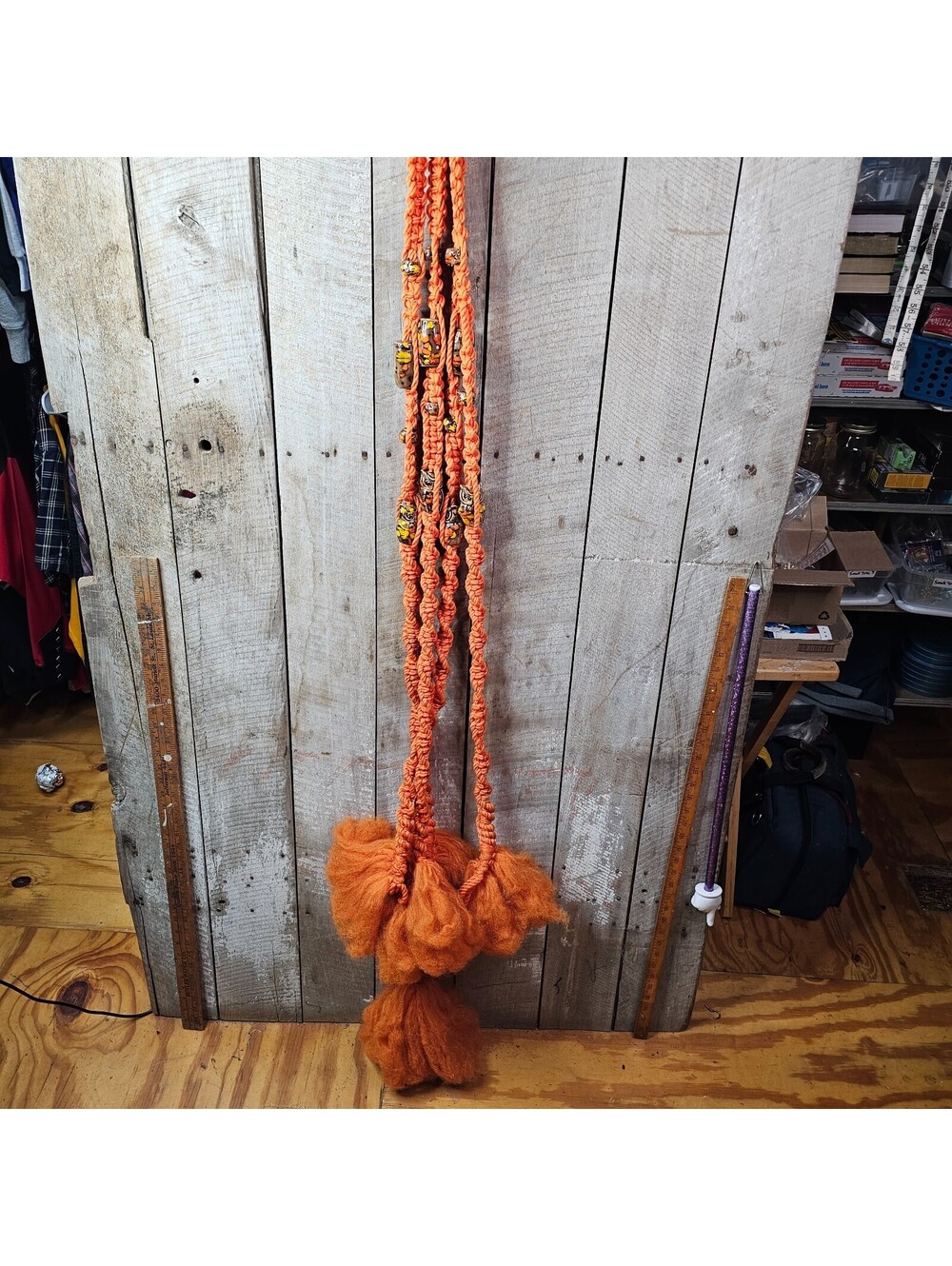 Vintage 1970s Macrame Hanging Planter Orange Ceramic Owl Beads Boho 70s